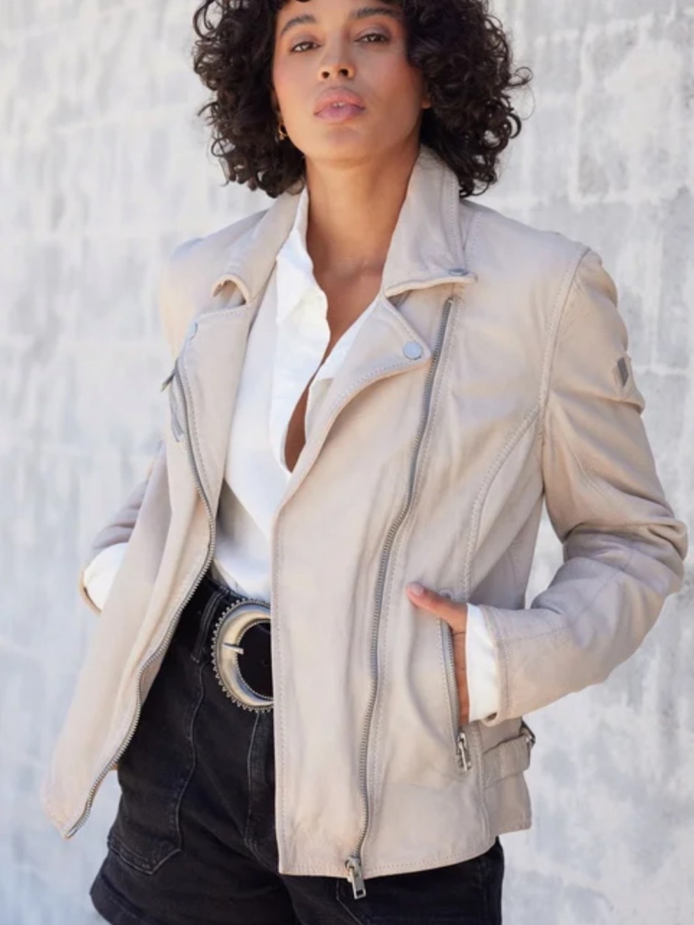 Mauritius Women's Beige Leather Moto Jacket - Brand: